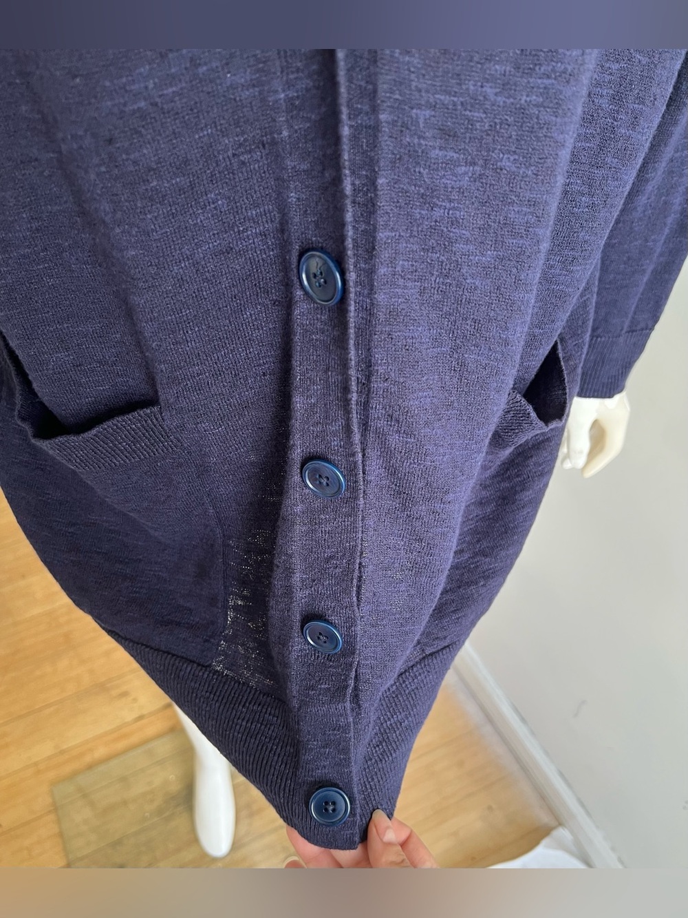 Eileen Fisher Organic Linen Cotton Slub Cardigan Sweater Sz M Navy Blue Pockets - Picture 7 of 12